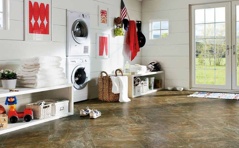 Vinyl flooring in laundry rooms.